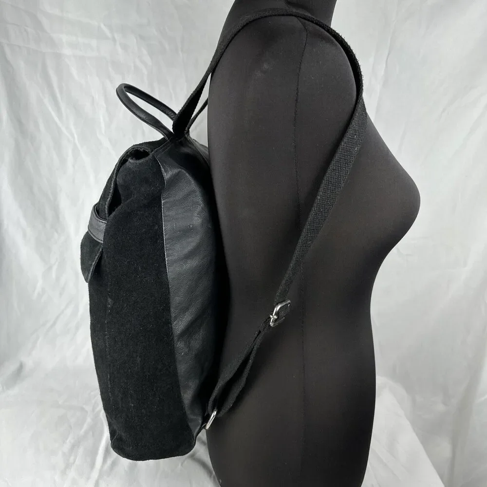 Asos Womens Backpack Bag‎ Purse with Flap Black Suede Leather Mix Minimalist